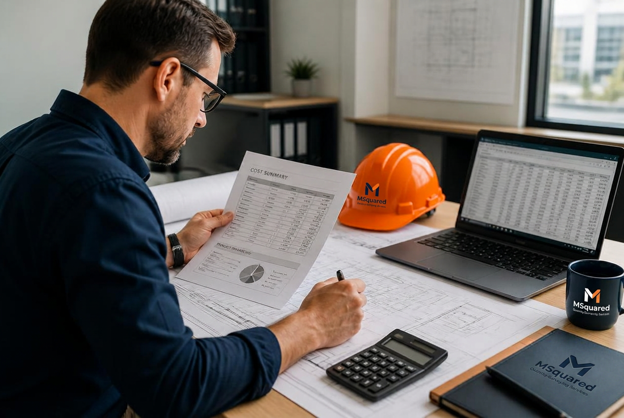 Quantity surveyor reviewing cost summaries and construction drawings at a desk